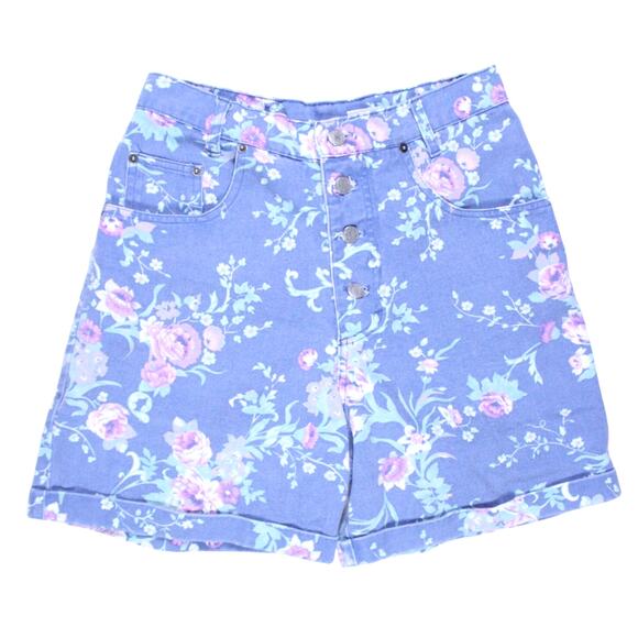 Unknown Pants - Vintage denim shorts floral blue high waisted 80s 90s grunge button up sz M